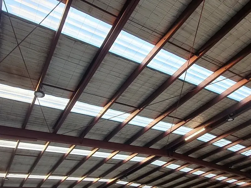 Clean warehouse roof structure, metal sheeting and suspended services